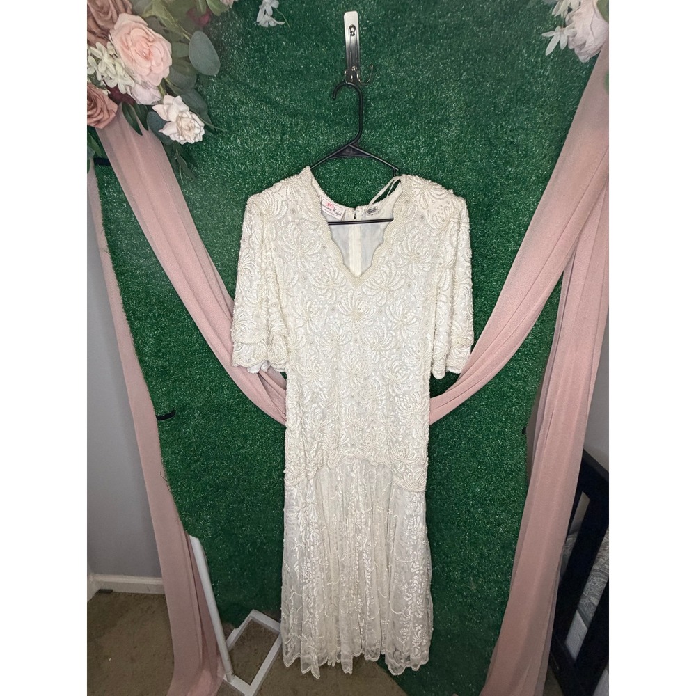 Vintage Laurence Kazar Ivory Pearl Beaded Lace Maxi Bridal Wedding Dress Size S